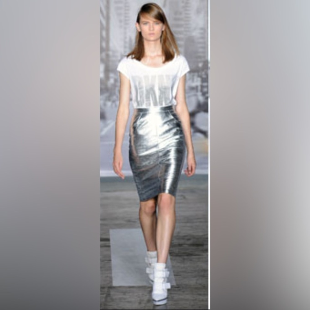 DKNY Silver Metallic Knee-length Leather Pencil Skirt